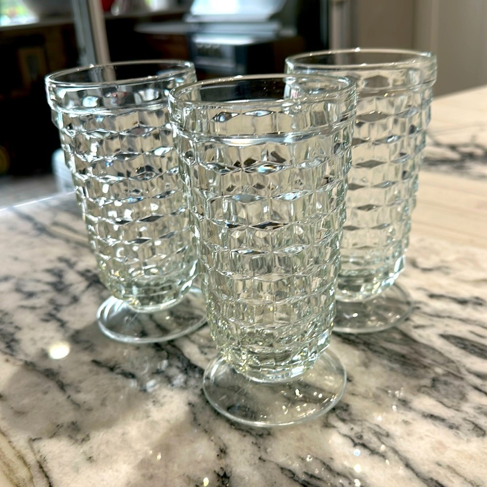 VTG Indiana Whitehall Colony 12 oz Cubist Clear Footed Iced Tea Glasses set of 3